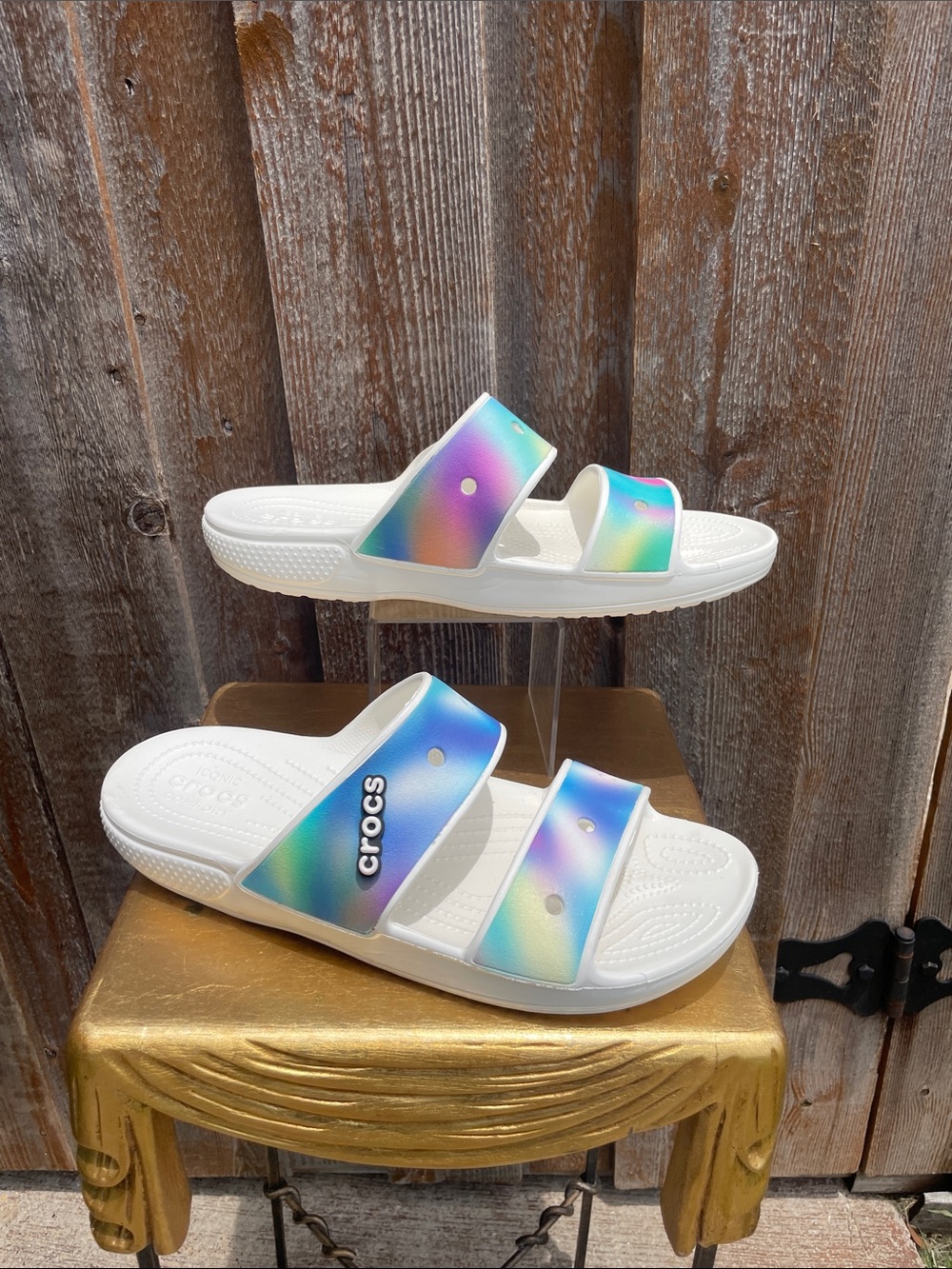 CROCS Dual-Strap Slides in Iridescent Multicolor and White